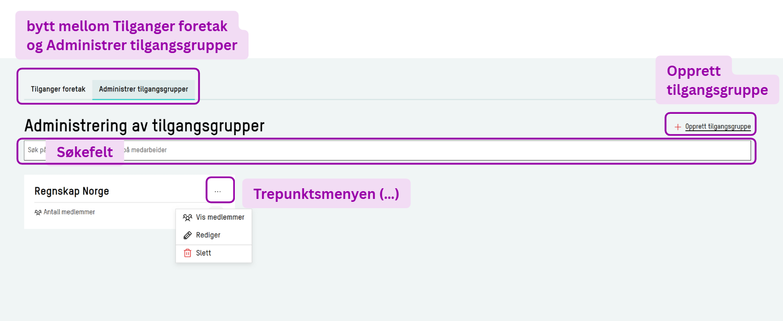 Skjermbilde: Administrer tilgangsgrupper: opprette, søke og redigere