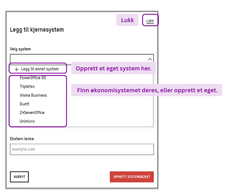 Skjermbilde: Velg eller opprett et kjernesystem