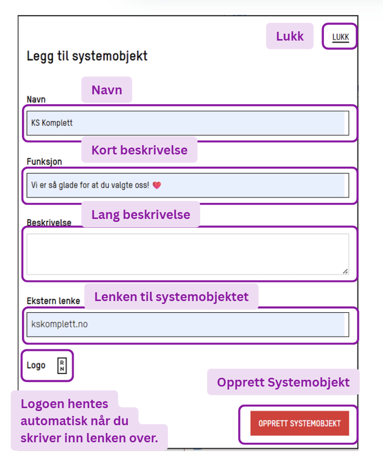Skjermbilde: Legg til systemobjekt