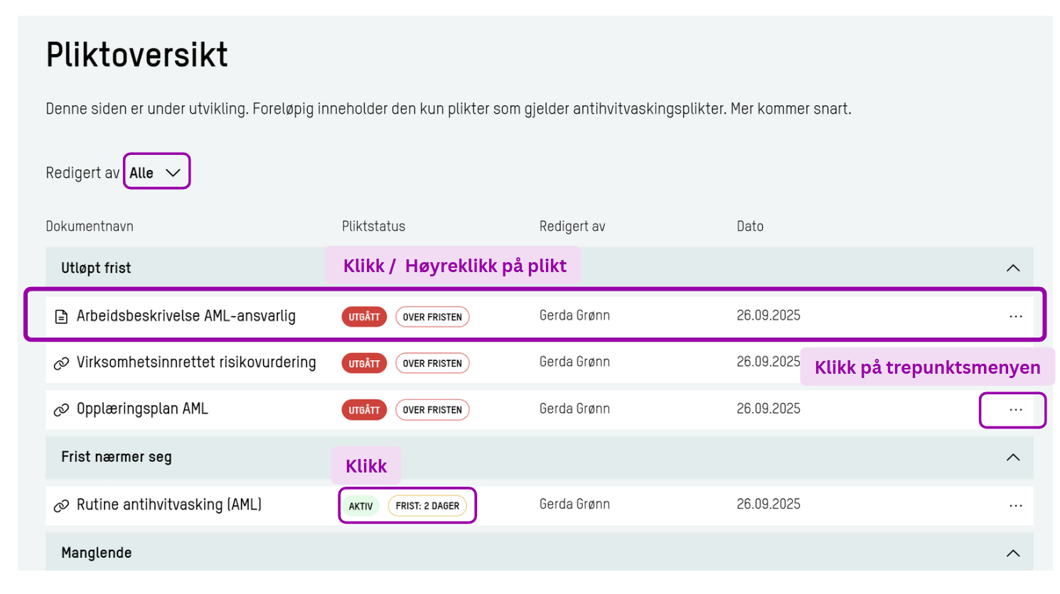 Skjermbilde: Pliktoversikt for regnskapsforetaket