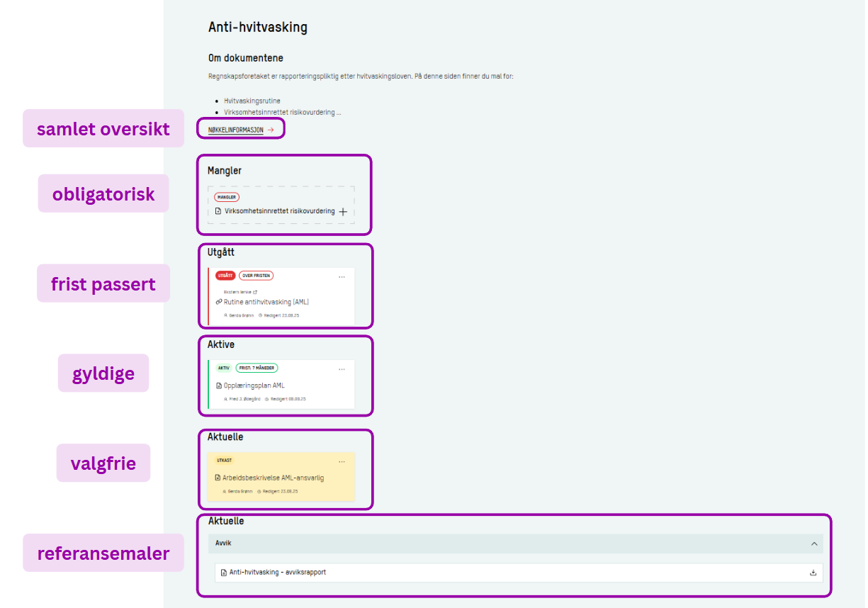 Skjermbilde: Status på dokumentene under Anti-hvitvasking