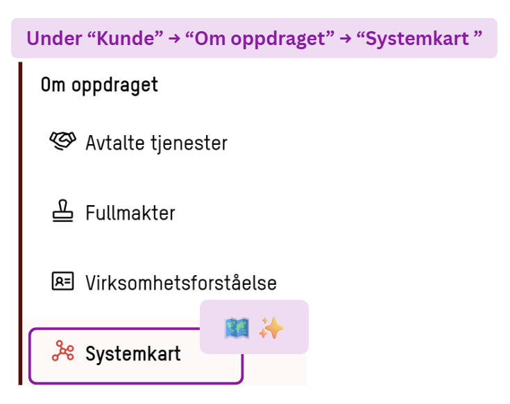 Skjermbilde: Systemkart ligger under kunde