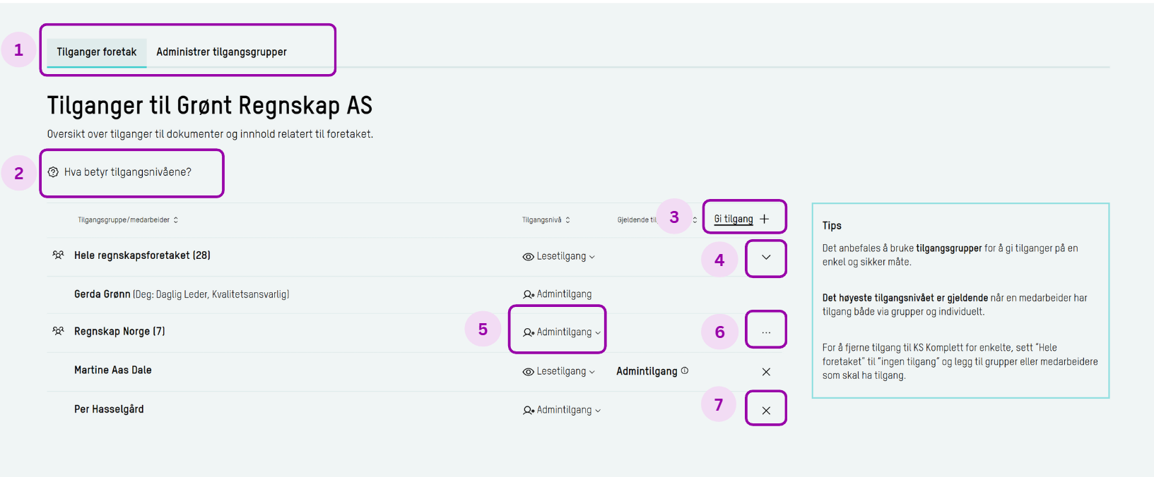 Skjermbilde: Tilganger foretak: oversikt og endringer